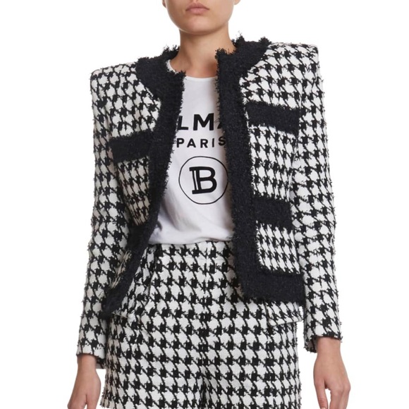 BALMAIN black white houndstooth tweed 4 pocket padded cropped jacket FR42 - Picture 2 of 16